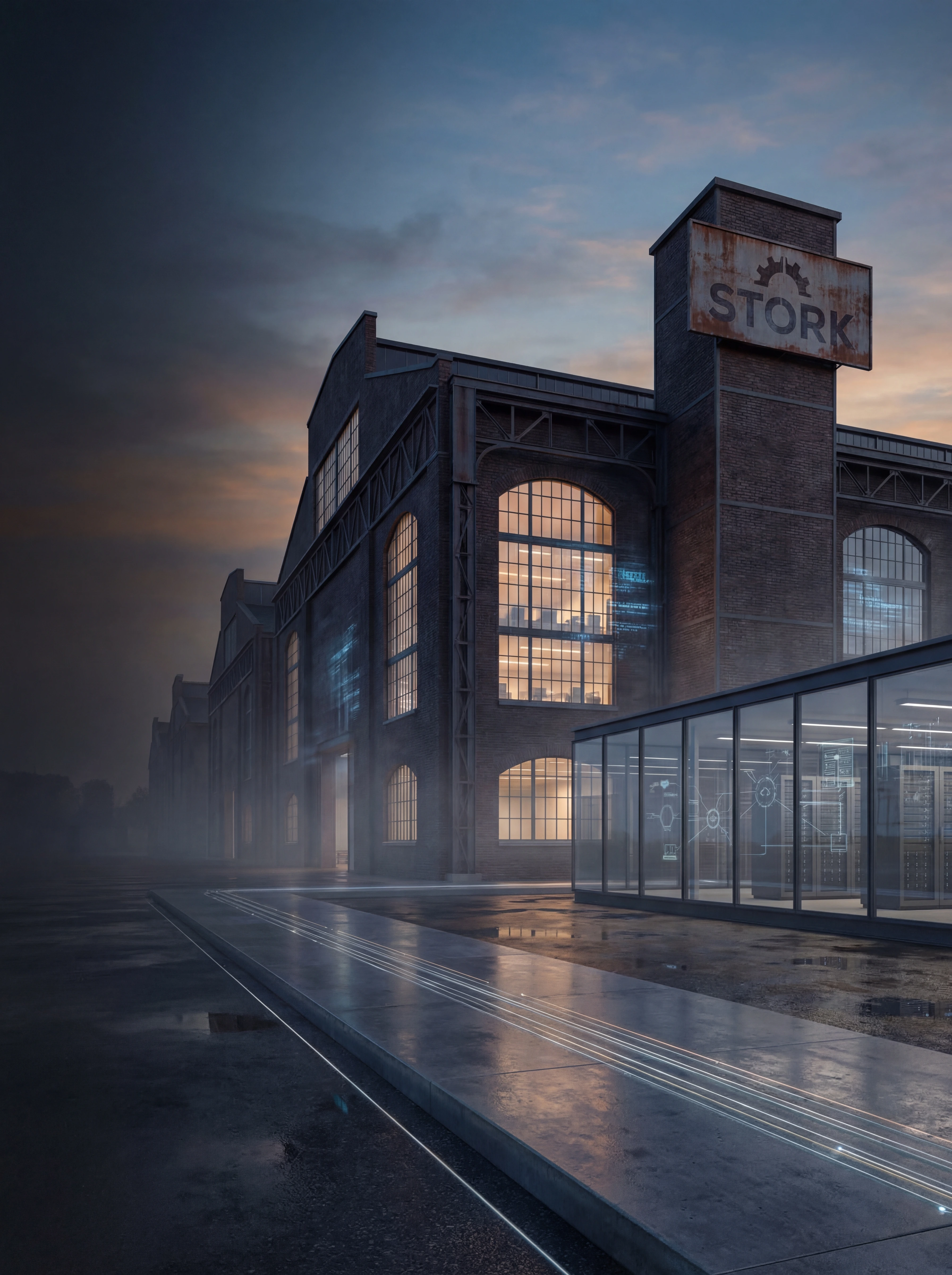 Stork-fabriek Hengelo bij schemering